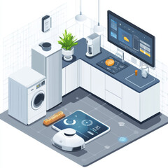Poster - Smart kitchen: a smartphone manages kitchen appliances such as the dishwasher, refrigerator, washing machine, robot vacuum cleaner, and smart TV. VECTOR, isometric illustration.