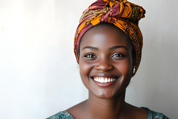 Wall Mural - Portrait of a smiling, beautiful African woman with glowing dark skin, set against a white background