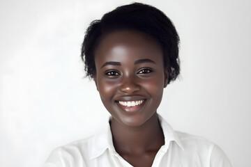 Wall Mural - Portrait of a smiling, beautiful African woman with glowing dark skin, set against a white background