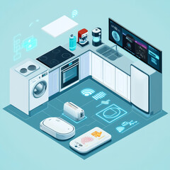 Poster - Smart kitchen: a smartphone manages kitchen appliances such as the dishwasher, refrigerator, washing machine, robot vacuum cleaner, and smart TV. VECTOR, isometric illustration.