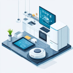 Poster - Smart kitchen: a smartphone manages kitchen appliances such as the dishwasher, refrigerator, washing machine, robot vacuum cleaner, and smart TV. VECTOR, isometric illustration.
