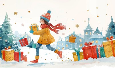 A joyful girl in a winter coat dashes through the snowy landscape, carrying colorful presents, surrounded by festive decorations and snow-covered trees in a cheerful village