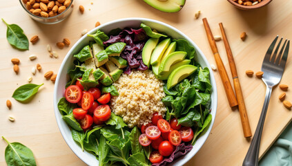 Healthy salad bowl with quinoa, avocado, cherry tomatoes, and fresh greens, showcasing a nutritious meal