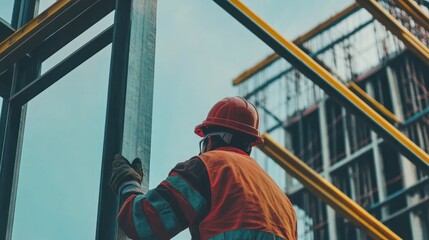 Poster - A construction worker inspecting a steel structure with a modern office building rising in the background Close-up photo with clean background