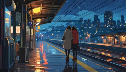 Couple admiring the city skyline at night from a train station in vibrant anime style digital art illustration