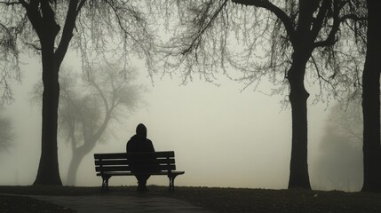 Aufkleber - In the early morning, a lone person in a hooded jacket sits quietly on a bench, shrouded in thick fog. The surrounding trees stand bare, creating a serene yet melancholic atmosphere.