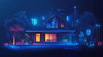 Poster - The Internet of Things (IoT) concept shows a smartphone controlling various devices within a home. A smart home responds to commands from the smartphone. Vector illustration.