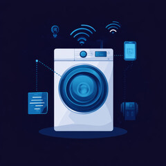 Poster - A smartphone remotely controls a smart washing machine through a wireless internet connection. This represents the Internet of Things (IoT), smart homes, and home automation. Vector illustration.