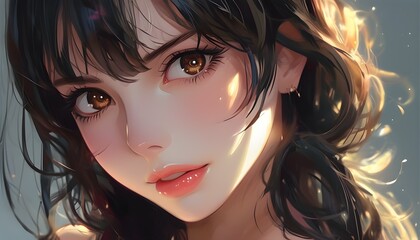 Wall Mural - Enchanting anime portrait of a woman with mesmerizing eyes in vibrant digital artwork created through generative AI techniques