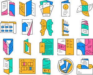 Wall Mural - Catalog And Booklet Collection Icons Set Vector. Clothing Fashion Catalog And Promotional Brochure, Informational Flyer And Shelf color Contour Illustrations