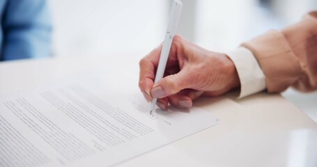 Poster - Documents, hand and pen for signature with business person closeup in office for agreement or contract. Desk, legal and writing with professional employee in workplace for compliance paperwork