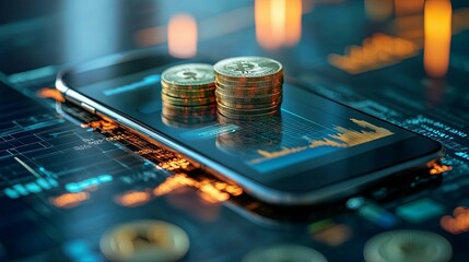 Wall Mural - Stacks of Gold Coins Resting on a Smartphone Displaying a Financial Chart