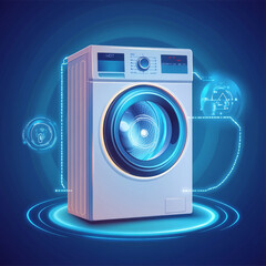 Poster - A smartphone remotely controls a smart washing machine through a wireless internet connection. This represents the Internet of Things (IoT), smart homes, and home automation. Vector illustration.