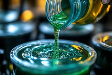 Poster - A close-up of a hand pouring biofuel into a clear container, with the fuel taking on a vibrant green hue