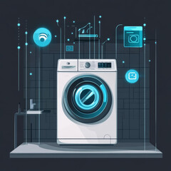 Poster - A smartphone remotely controls a smart washing machine through a wireless internet connection. This represents the Internet of Things (IoT), smart homes, and home automation. Vector illustration.