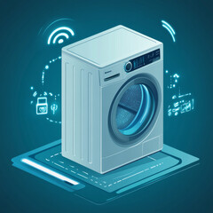 Poster - A smartphone remotely controls a smart washing machine through a wireless internet connection. This represents the Internet of Things (IoT), smart homes, and home automation. Vector illustration.