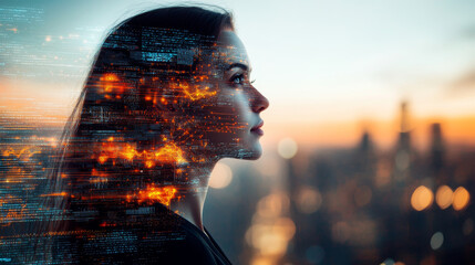 Poster - 
Double exposure of a businesswoman with a Big Data concept. Features a digital neural network and the advent of artificial intelligence. Envisioning the future of cyberspace and technology innovation