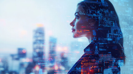 Poster - 
Double exposure of a businesswoman with a Big Data concept. Features a digital neural network and the advent of artificial intelligence. Envisioning the future of cyberspace and technology innovation