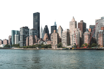 New York City skyline featuring a diverse range of buildings along the waterfront, set against a white background. Manhattan, urban landscape concept