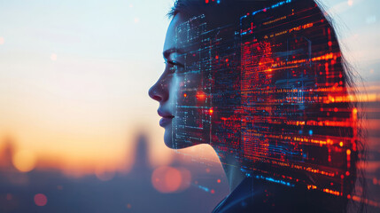 Poster - 
Double exposure of a businesswoman with a Big Data concept. Features a digital neural network and the advent of artificial intelligence. Envisioning the future of cyberspace and technology innovation