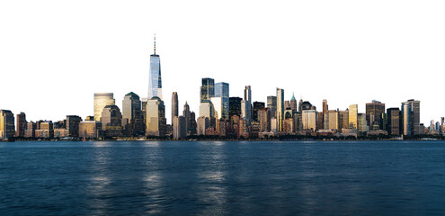 New York City skyline with tall skyscrapers and waterfront. Isolated on a white background. Urban, architecture, and travel concept