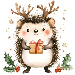 Sticker - Cute Watercolor Christmas Hedgehog with Gift and Antlers