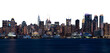 Panoramic view of Manhattan's illuminated skyline at dusk. Urban cityscape with tall buildings and waterfront, isolated on a white background. Concept of New York City