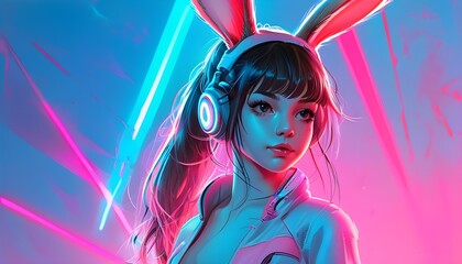 Futuristic Logo Design Featuring a Cute Anime Girl Bunny in Neon Blue and Pink for Social Media Profiles