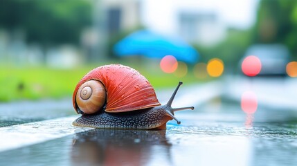 Small brown snail with white shell crawling slowly on a green leaf in a garden