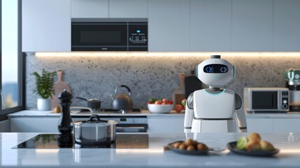 Sleek Home Assistant Robot Cooking Gourmet Meal in Modern Smart Kitchen Interior