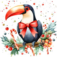 Wall Mural - Christmas Toucan Watercolor Illustration with Holly and Candy Canes