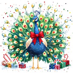 Wall Mural - Watercolor Peacock with Christmas Gifts and Candy Canes