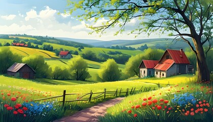 Wall Mural - tranquil spring countryside depicted through vibrant dot art illustration in a beautiful digital painting by generative AI