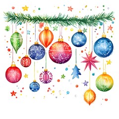 Wall Mural - Watercolor Christmas Ornaments Hanging from Pine Branch with Confetti