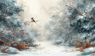 A serene winter landscape where a solitary bird perches on a snow-laden branch amidst softly falling snowflakes and vibrant red berries, capturing the tranquil beauty of nature