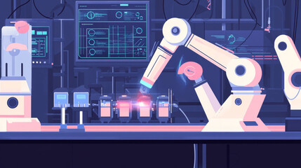 Poster - An engineer's hand checking and controlling welding robotics with automatic arms in a smart factory setting. Includes an icon of the machine and UI monitoring system software for automotive industrial