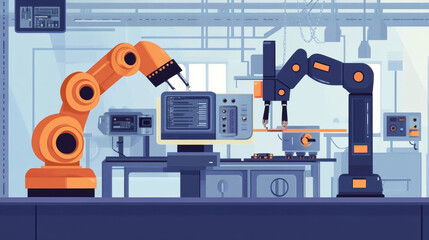 Poster - An engineer's hand checking and controlling welding robotics with automatic arms in a smart factory setting. Includes an icon of the machine and UI monitoring system software for automotive industrial