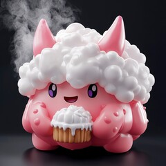 Wall Mural - Cute pink and white fluffy creature holding a cupcake with steam