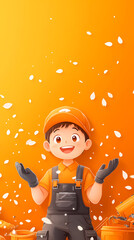 Wall Mural - A boy in an orange shirt and blue overalls is standing in front of a wall covered in white snow