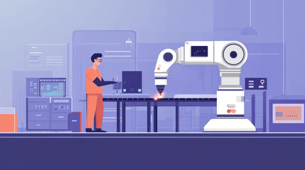 Poster - An engineer's hand checking and controlling welding robotics with automatic arms in a smart factory setting. Includes an icon of the machine and UI monitoring system software for automotive industrial