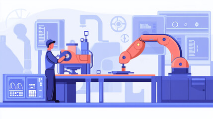 Poster - An engineer's hand checking and controlling welding robotics with automatic arms in a smart factory setting. Includes an icon of the machine and UI monitoring system software for automotive industrial