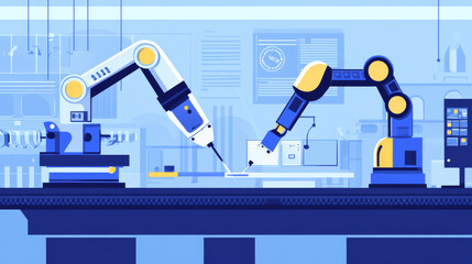 Poster - An engineer's hand checking and controlling welding robotics with automatic arms in a smart factory setting. Includes an icon of the machine and UI monitoring system software for automotive industrial