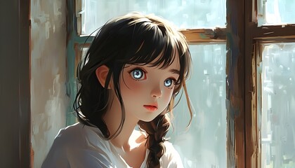 Wall Mural - Charming girl with bright eyes perched on a window frame in captivating digital art style with vibrant anime aesthetic