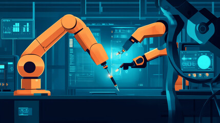 Poster - An engineer's hand checking and controlling welding robotics with automatic arms in a smart factory setting. Includes an icon of the machine and UI monitoring system software for automotive industrial
