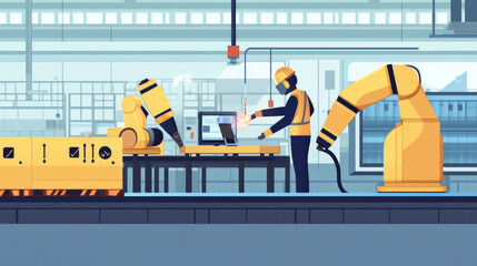 Poster - An engineer's hand checking and controlling welding robotics with automatic arms in a smart factory setting. Includes an icon of the machine and UI monitoring system software for automotive industrial