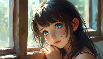 Wall Mural - Charming girl with bright eyes perched on a window frame in captivating digital art style with vibrant anime aesthetic