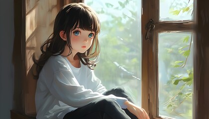 Wall Mural - Charming girl with bright eyes perched on a window frame in captivating digital art style with vibrant anime aesthetic