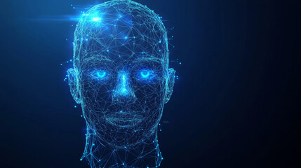 Poster - face recognition system concept featuring a low polygon human face scan on a blue template backgroun