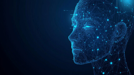Poster - face recognition system concept featuring a low polygon human face scan on a blue template backgroun