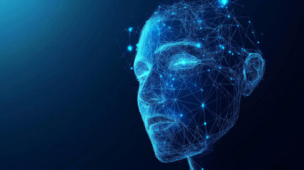 Poster - face recognition system concept featuring a low polygon human face scan on a blue template backgroun